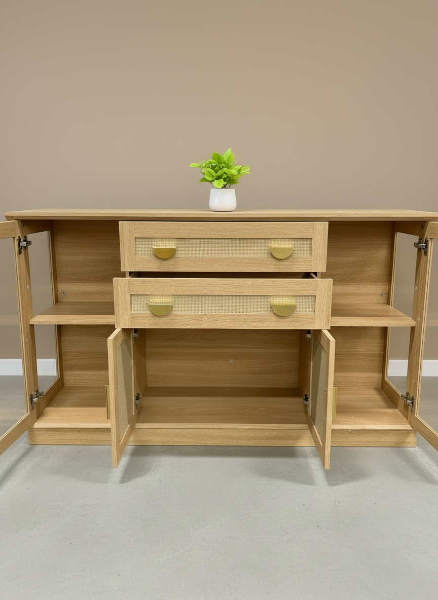 Natural Tan Glass Sideboard Cabinet - in room setting