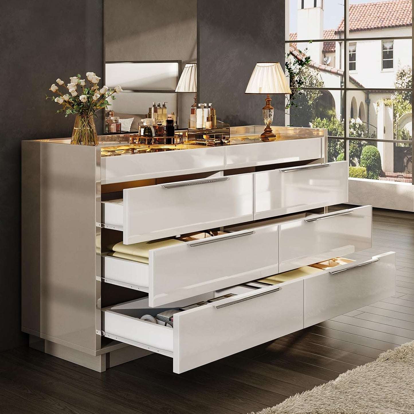 White 8-Drawer Dresser with LED Light & Glass Top | Modern High Gloss Bedroom Storage Chest
