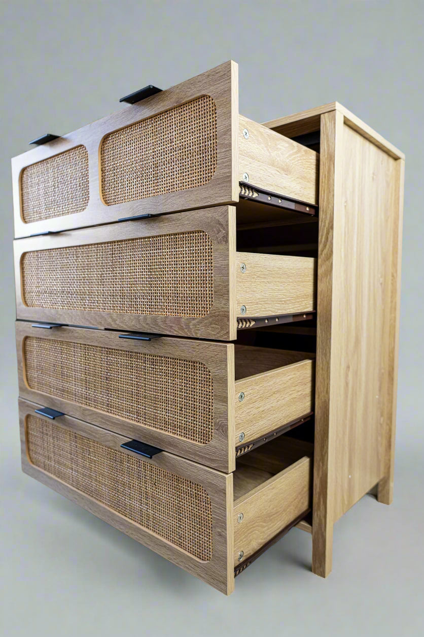 Natural Wood & Cane 4-Drawer Dresser