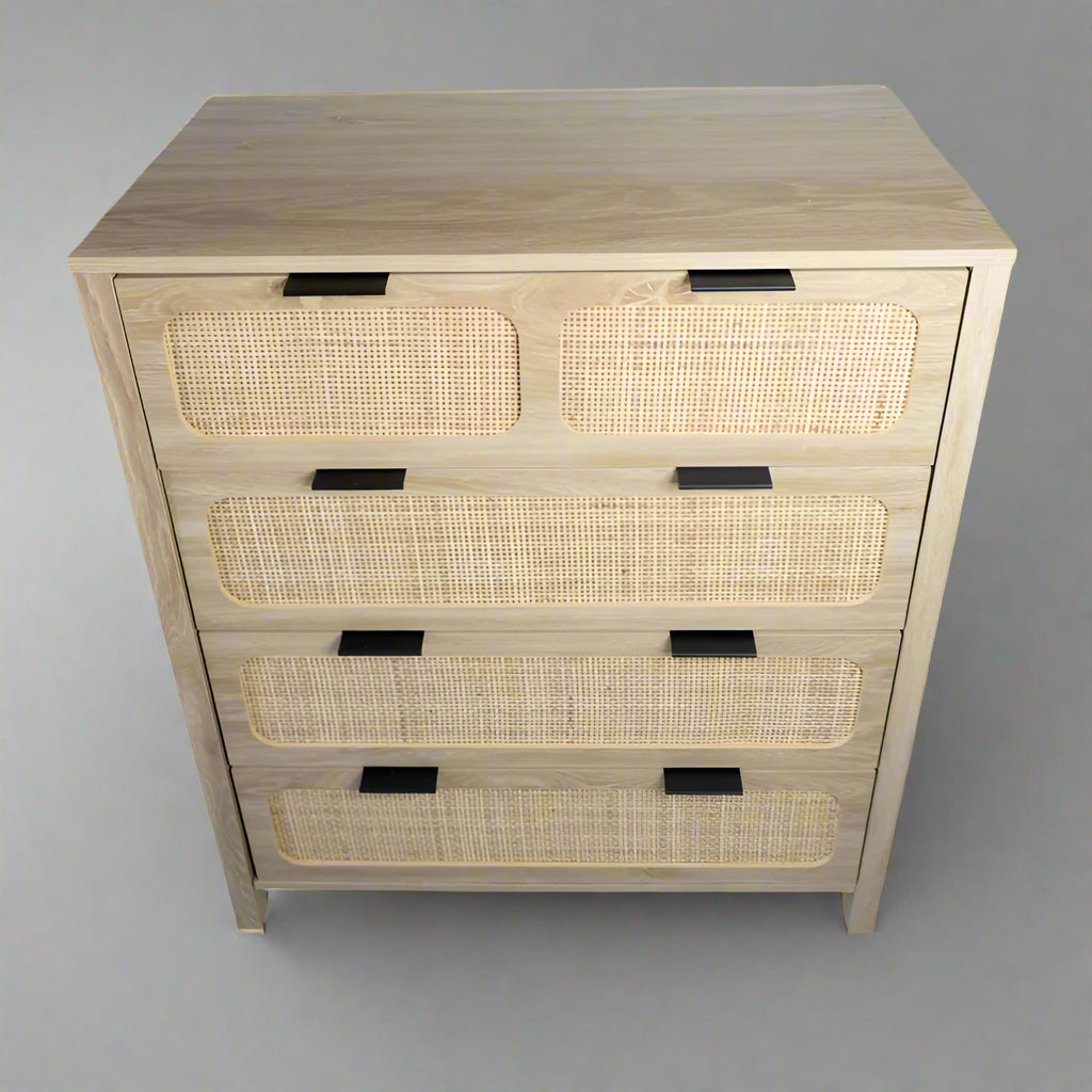 Natural Wood & Cane 4-Drawer Dresser