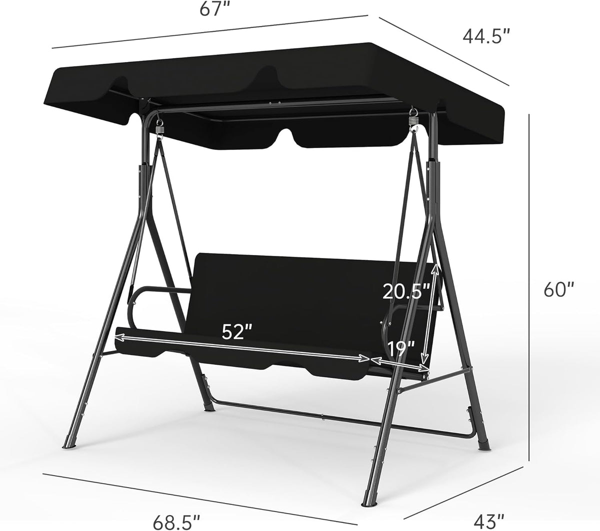 3-Seat Patio Swing with Canopy – Black