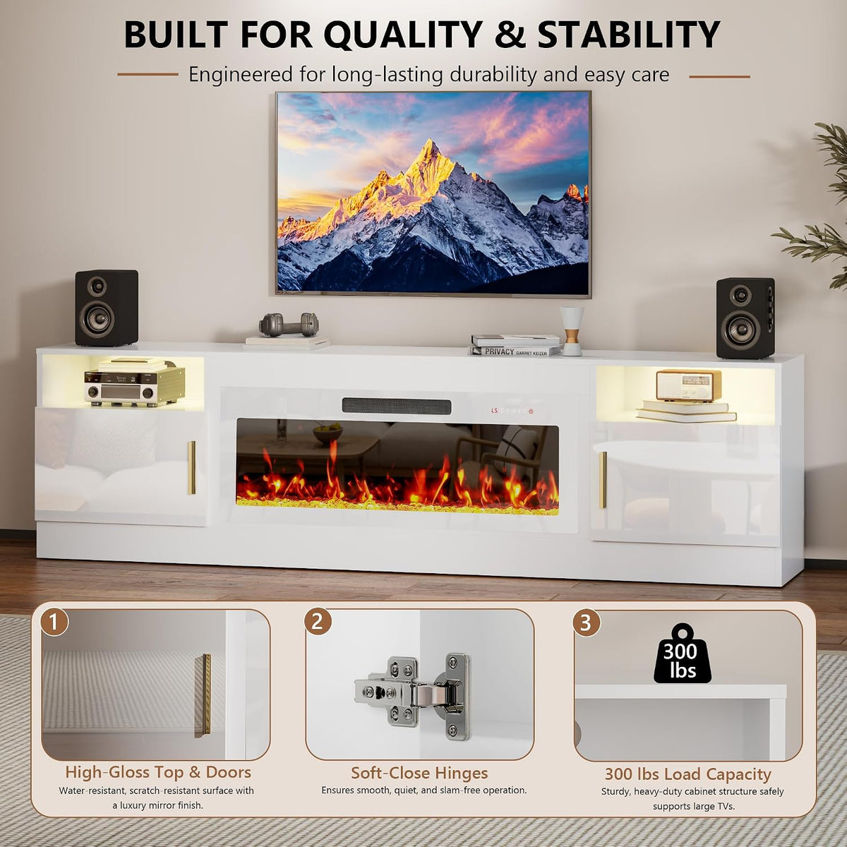 70-Inch Fireplace TV Stand – White with White Fireplace