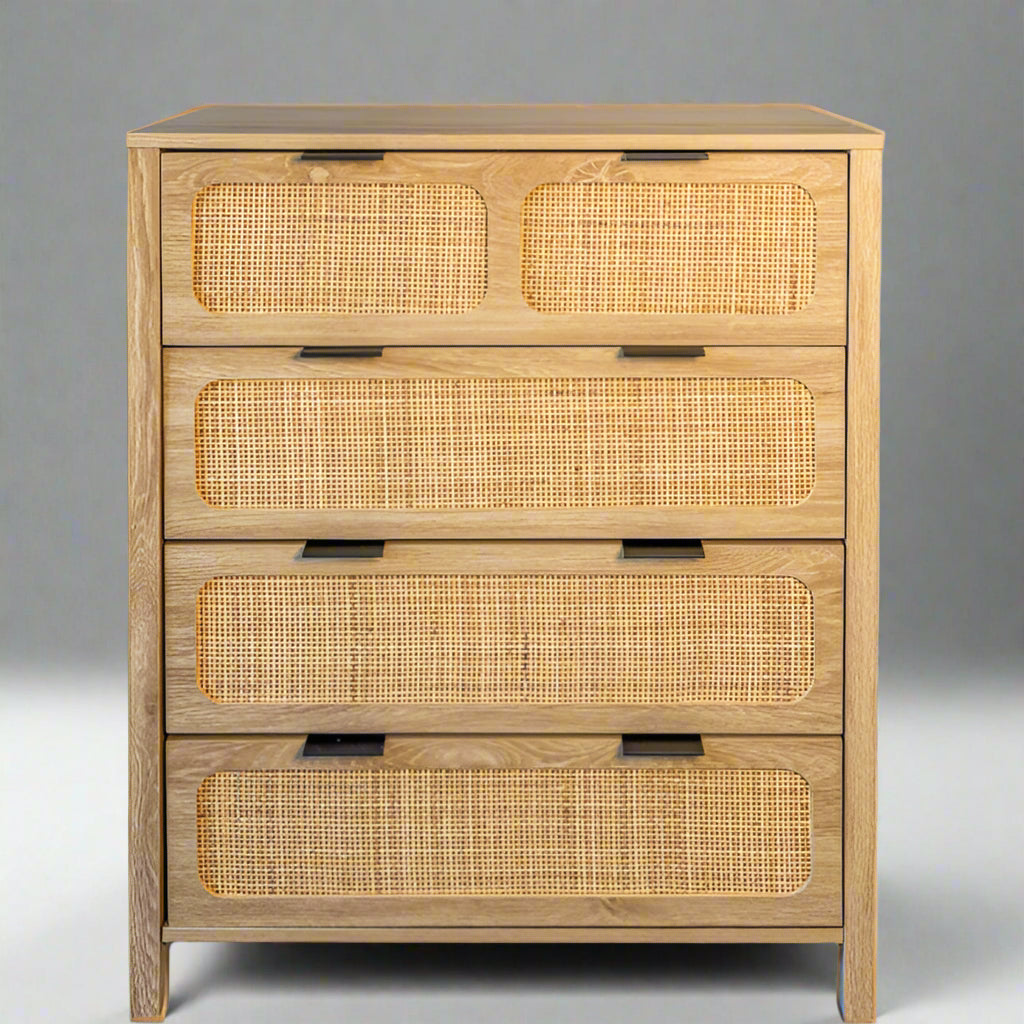 Natural Wood & Cane 4-Drawer Dresser