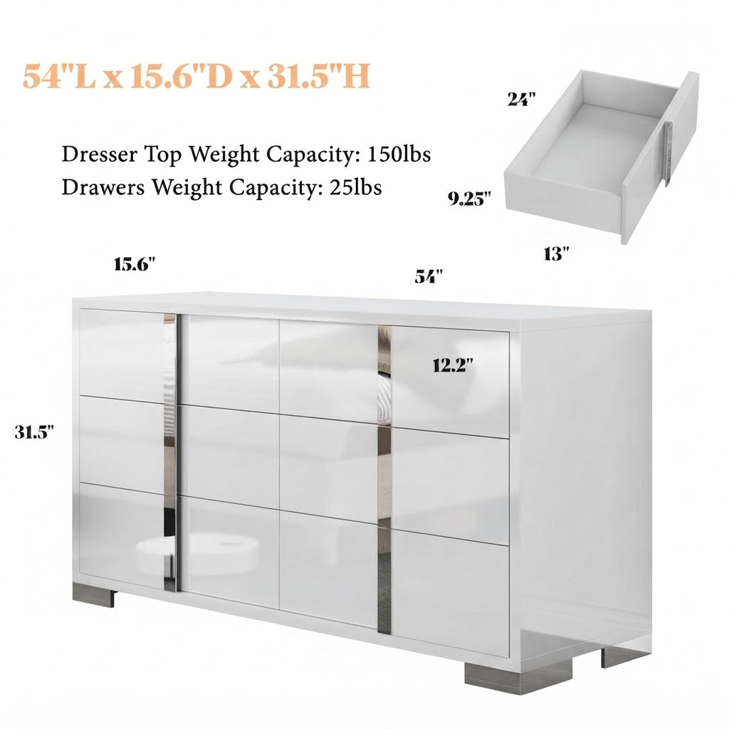 54-inch White High-Gloss Modern 6-Drawer Dresser & Storage Chest for Bedroom, view 9