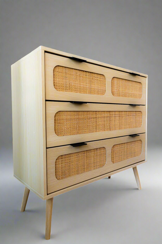 3-Drawer Rattan Dresser – Natural Wood with Cane Fronts