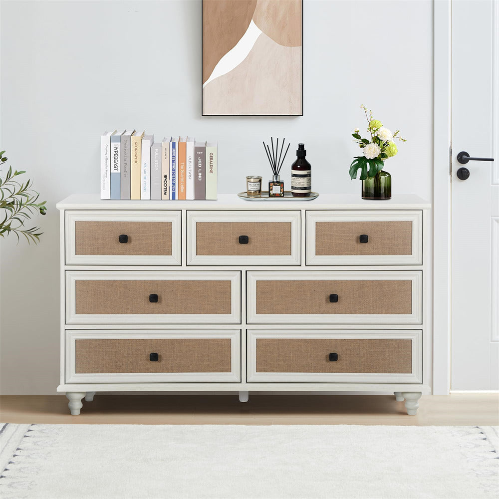 7-Drawer Modern White Farmhouse Dresser – Natural Rattan Fronts