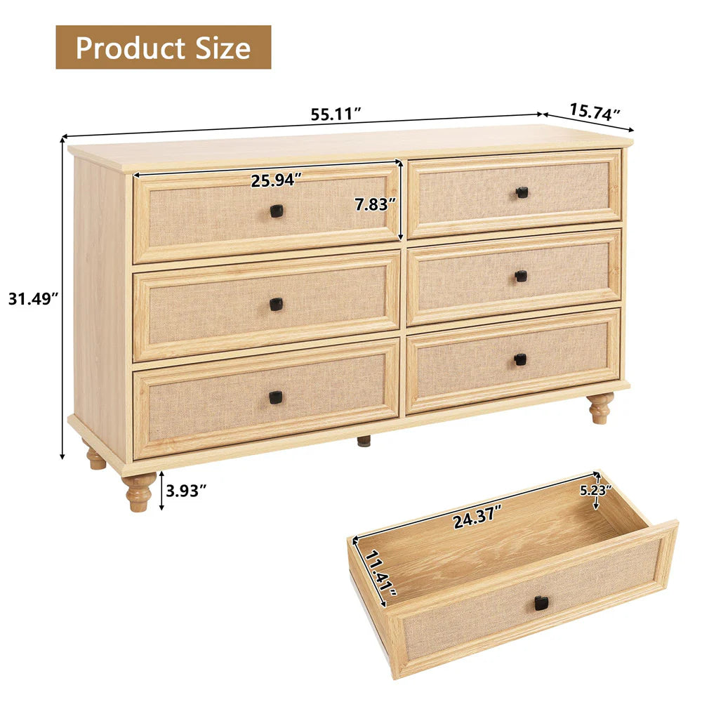 6-Drawer Modern Farmhouse Dresser – Natural Rattan Fronts