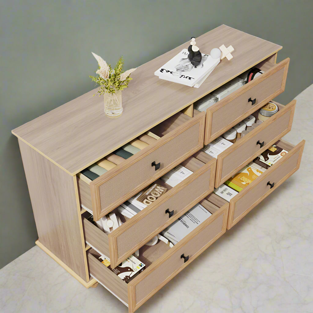 6-Drawer Modern Farmhouse Dresser – Natural Rattan Fronts