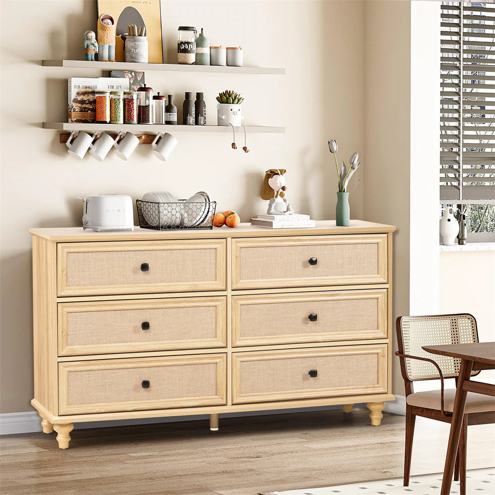 6-Drawer Modern Farmhouse Dresser – Natural Rattan Fronts