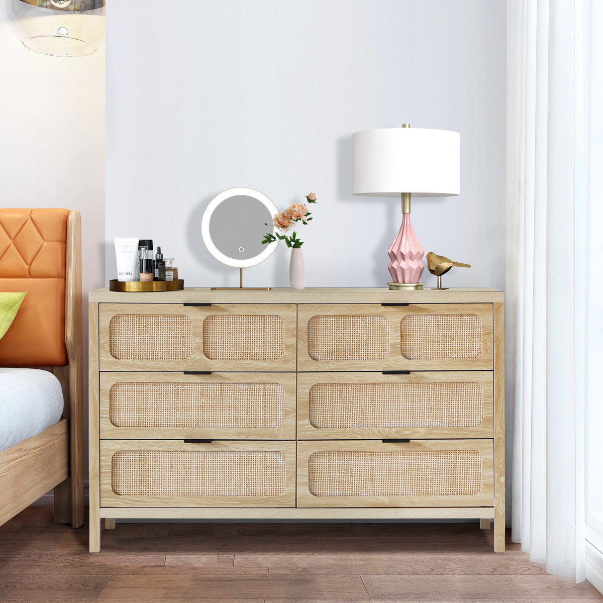 Modern Rattan 6 Drawer Dresser - front view