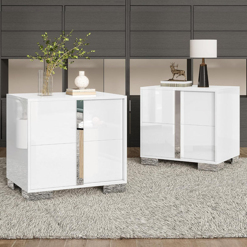 Modern High Gloss White Nightstand with 2 Drawers | Contemporary Bedside Table