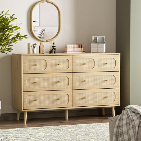 Boho Rattan 6-Drawer Dresser | Natural Wood Bedroom Storage Chest with Gold Pulls