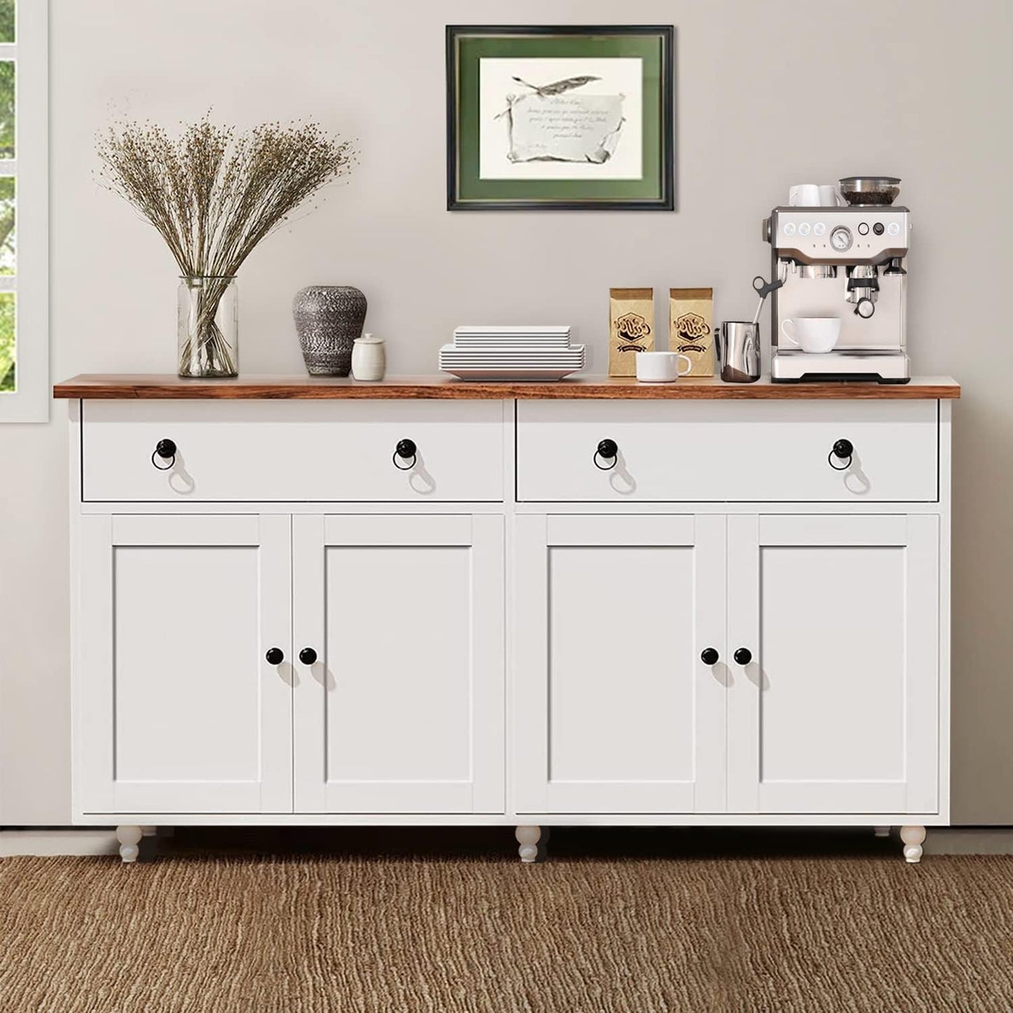 55" White Modern Buffet Sideboard Cabinet with Storage, Drawers & Adjustable Shelves