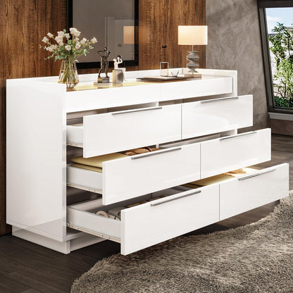 White 8-Drawer Dresser with LED Light & Glass Top | Modern High Gloss Bedroom Storage Chest