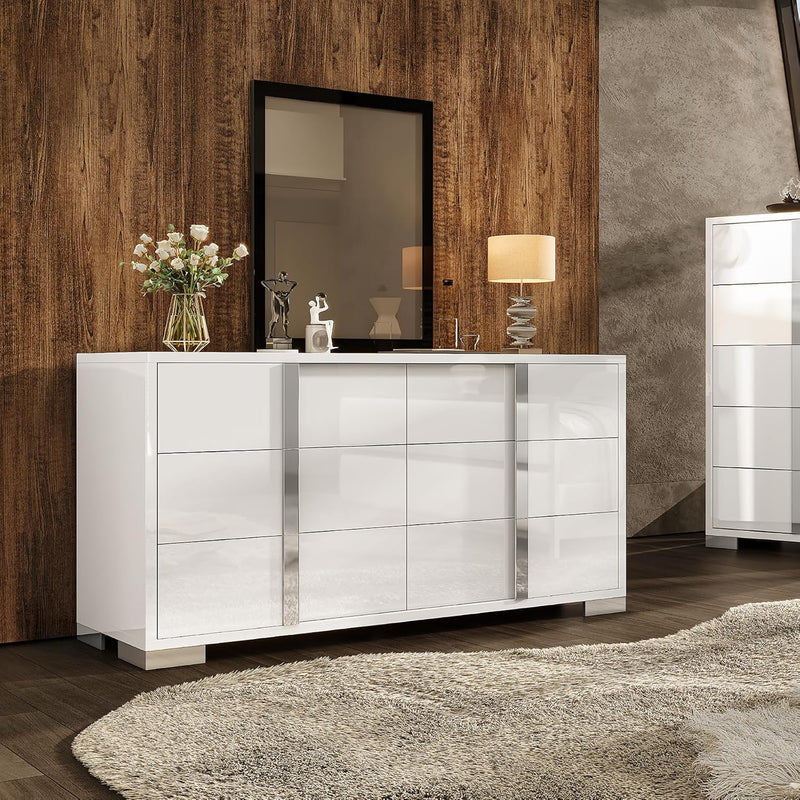 54-inch White High-Gloss Modern 6-Drawer Dresser & Storage Chest for Bedroom