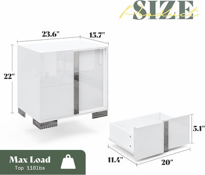 Modern High Gloss White Nightstand Set of 2 with 2 Drawers - Contemporary Bedside Tables