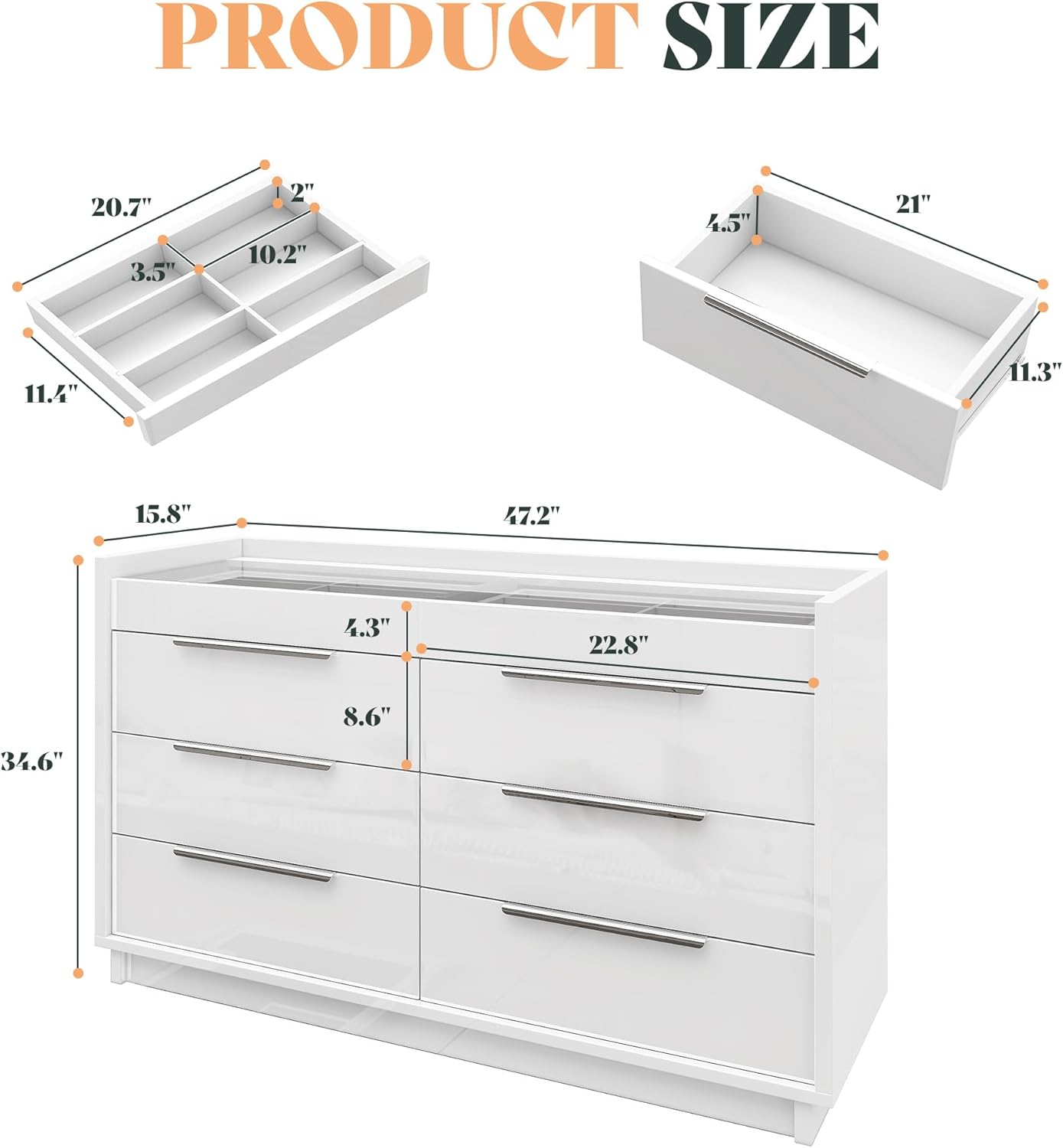 White 8-Drawer Dresser with LED Light & Glass Top | Modern High Gloss Bedroom Storage Chest