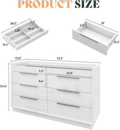 White 8-Drawer Dresser with LED Light & Glass Top | Modern High Gloss Bedroom Storage Chest