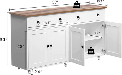 55" White Modern Buffet Sideboard Cabinet with Storage, Drawers & Adjustable Shelves