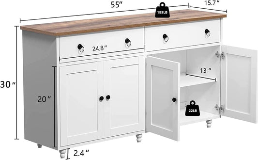 55" White Modern Buffet Sideboard Cabinet with Storage, Drawers & Adjustable Shelves
