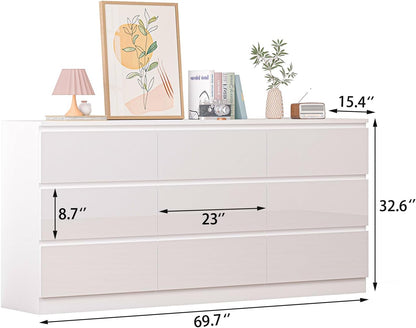 White 70-Inch Wide High Gloss 9-Drawer Dresser with Integrated Power Hub