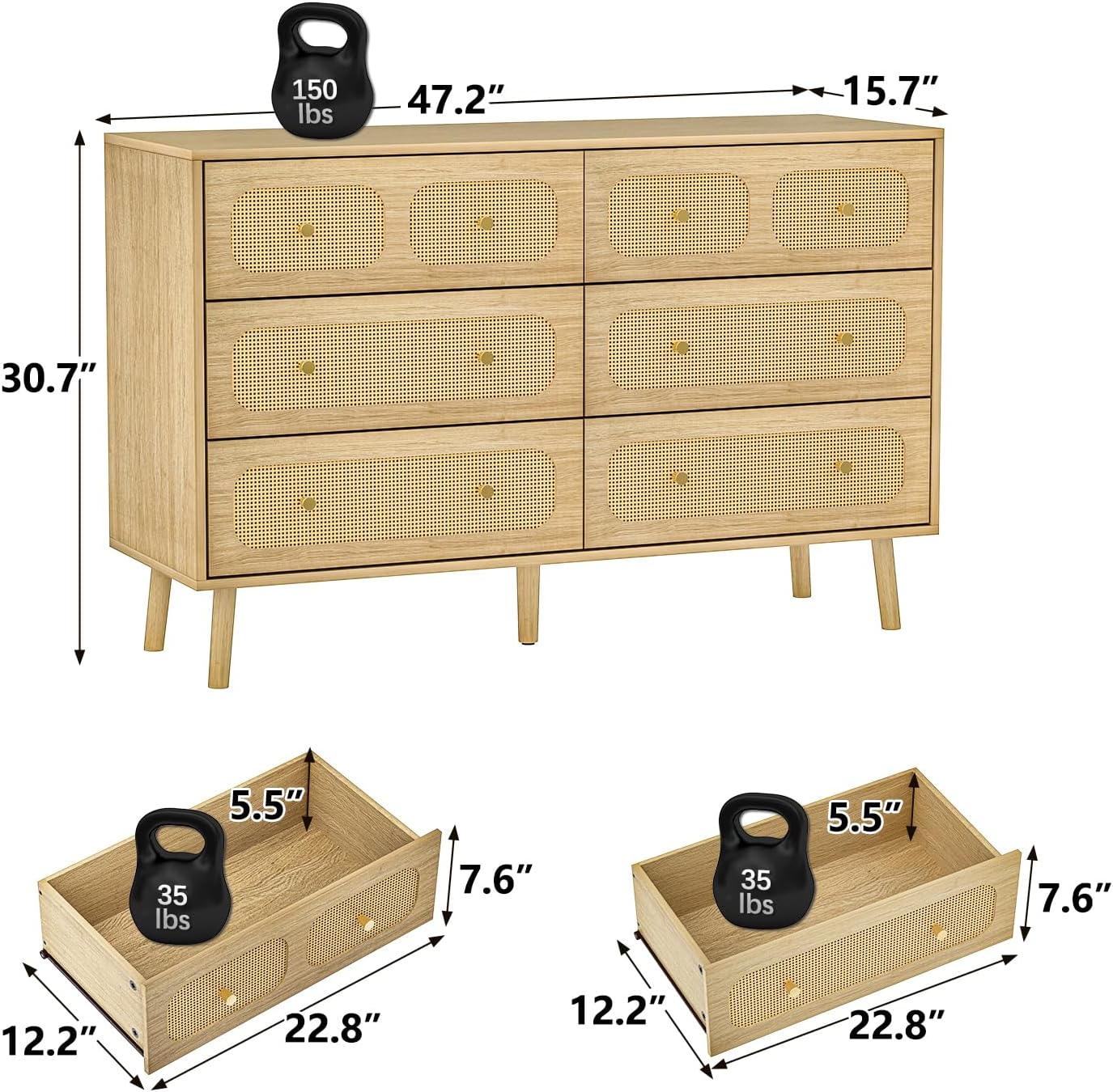 Boho Rattan 6-Drawer Dresser | Natural Wood Bedroom Storage Chest with Gold Pulls