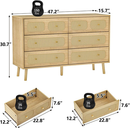 Boho Rattan 6-Drawer Dresser | Natural Wood Bedroom Storage Chest with Gold Pulls