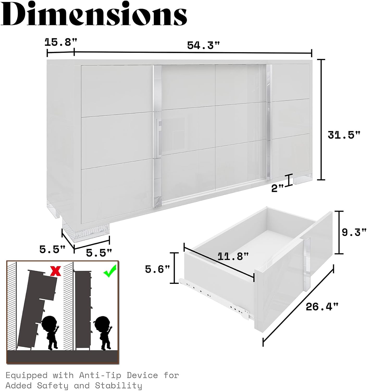 54-inch White High-Gloss Modern 6-Drawer Dresser & Storage Chest for Bedroom