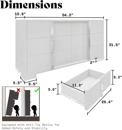 54-inch White High-Gloss Modern 6-Drawer Dresser & Storage Chest for Bedroom