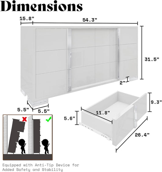 54-inch White High-Gloss Modern 6-Drawer Dresser & Storage Chest for Bedroom