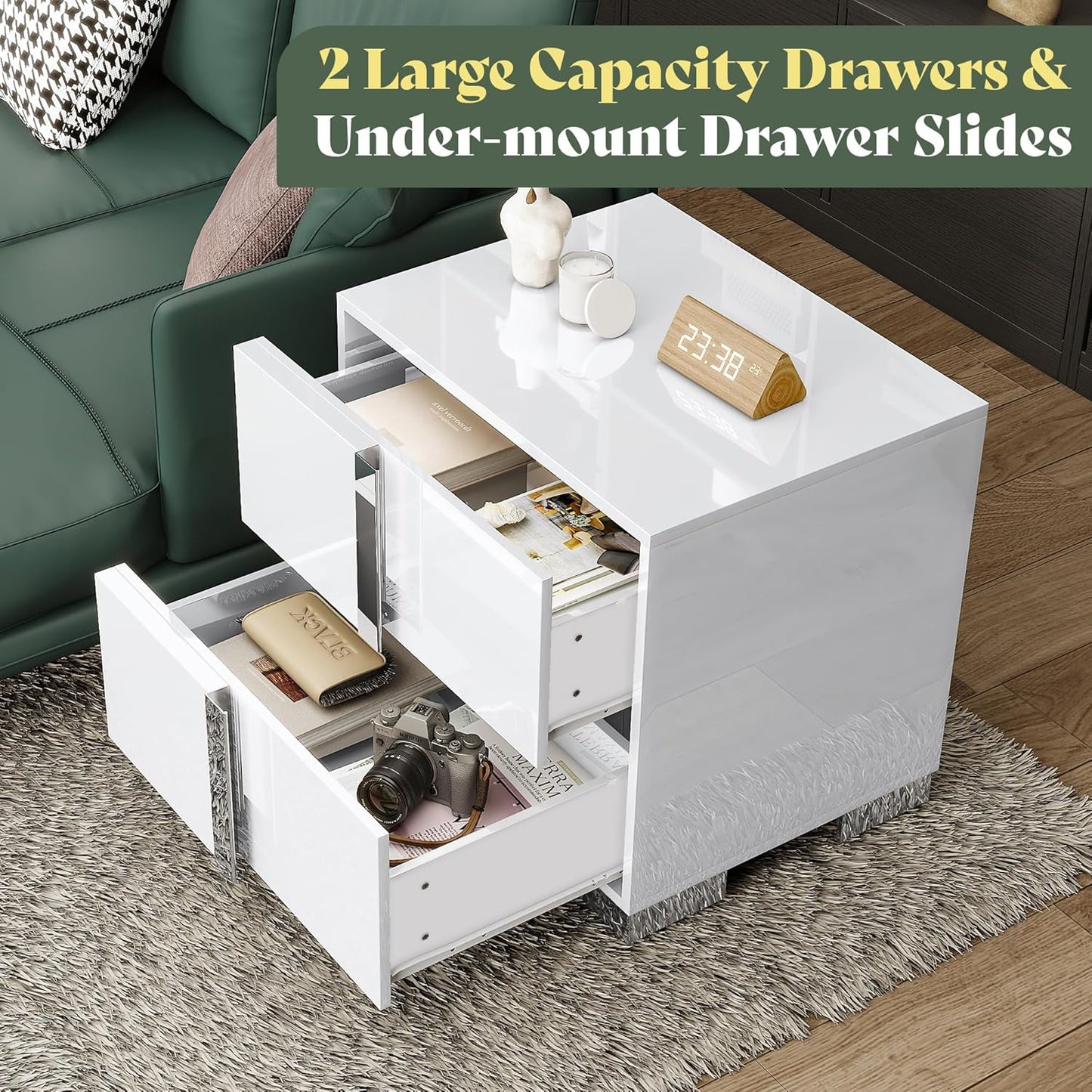 Modern High Gloss White Nightstand Set of 2 with 2 Drawers - Contemporary Bedside Tables