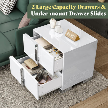 Modern High Gloss White Nightstand Set of 2 with 2 Drawers - Contemporary Bedside Tables