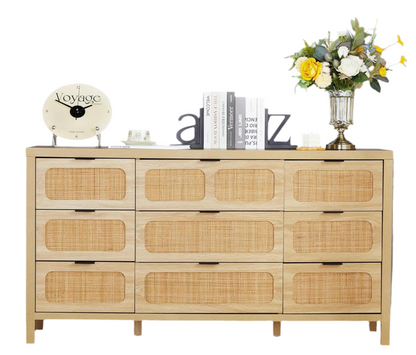 9-Drawer Dresser with Rattan Fronts – 58” Wide