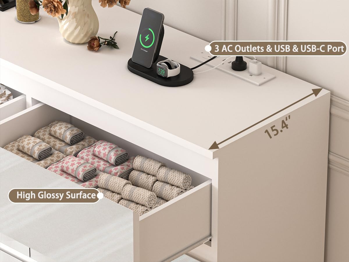 White 70-Inch Wide High Gloss 9-Drawer Dresser with Integrated Power Hub