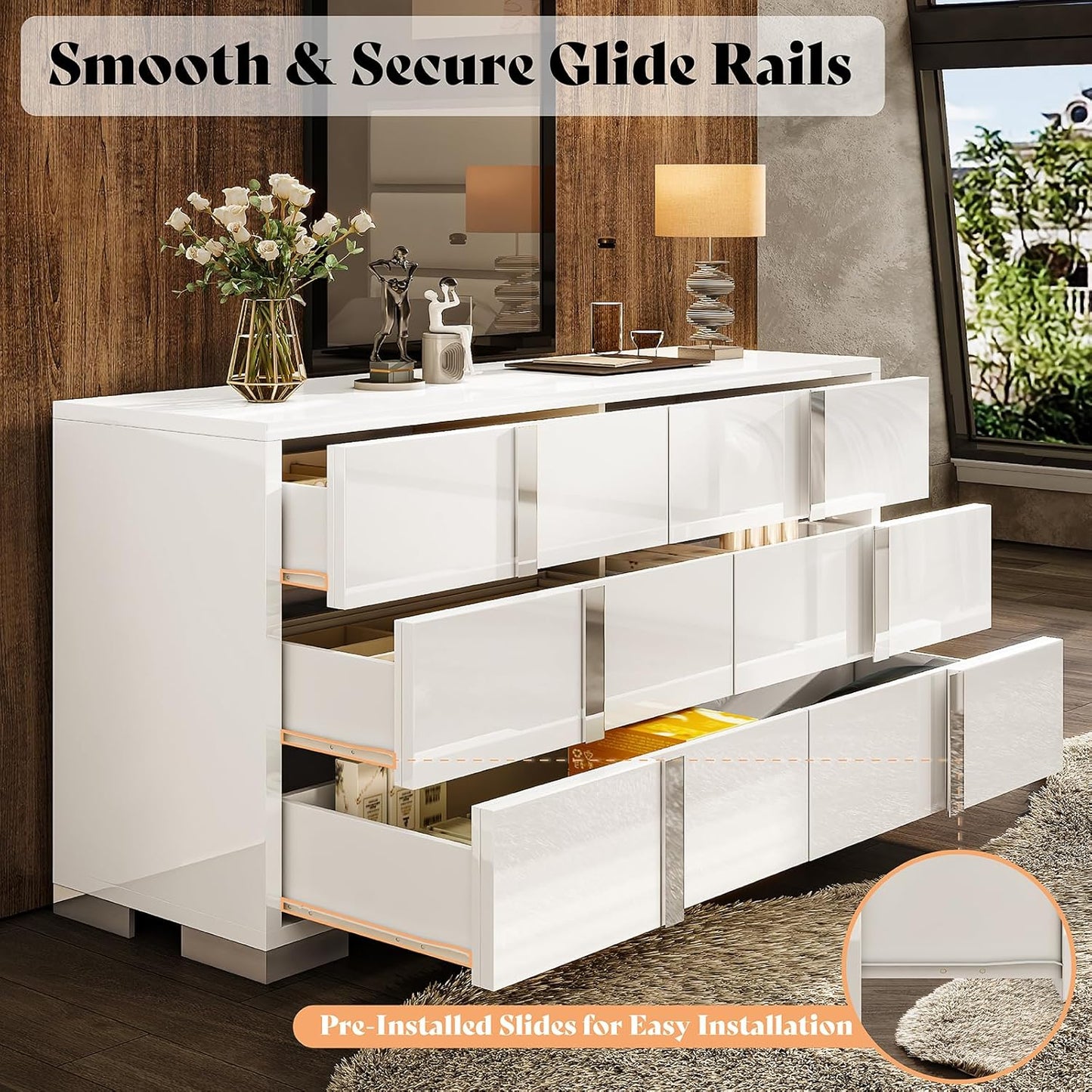 54-inch White High-Gloss Modern 6-Drawer Dresser & Storage Chest for Bedroom