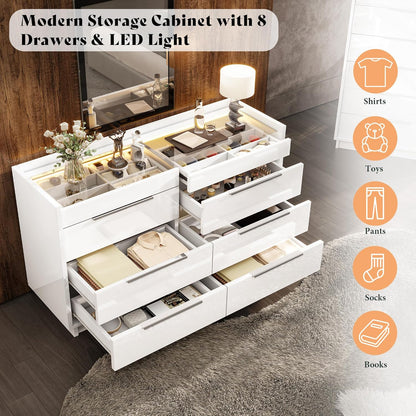 White 8-Drawer Dresser with LED Light & Glass Top | Modern High Gloss Bedroom Storage Chest