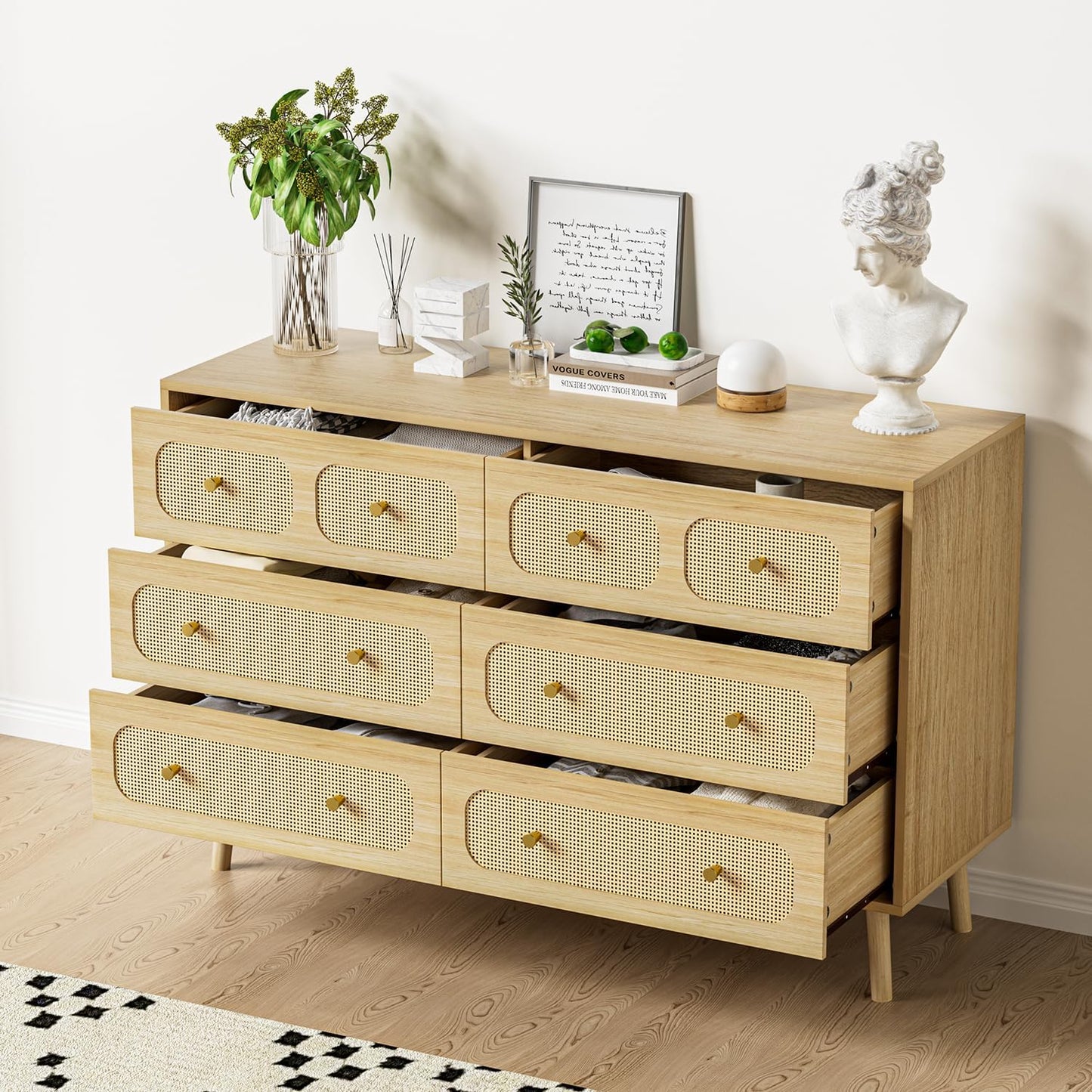 Boho Rattan 6-Drawer Dresser | Natural Wood Bedroom Storage Chest with Gold Pulls