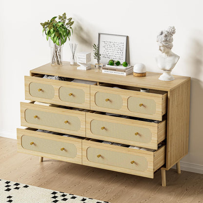 Boho Rattan 6-Drawer Dresser | Natural Wood Bedroom Storage Chest with Gold Pulls