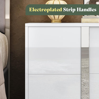 Modern High Gloss White Nightstand Set of 2 with 2 Drawers - Contemporary Bedside Tables