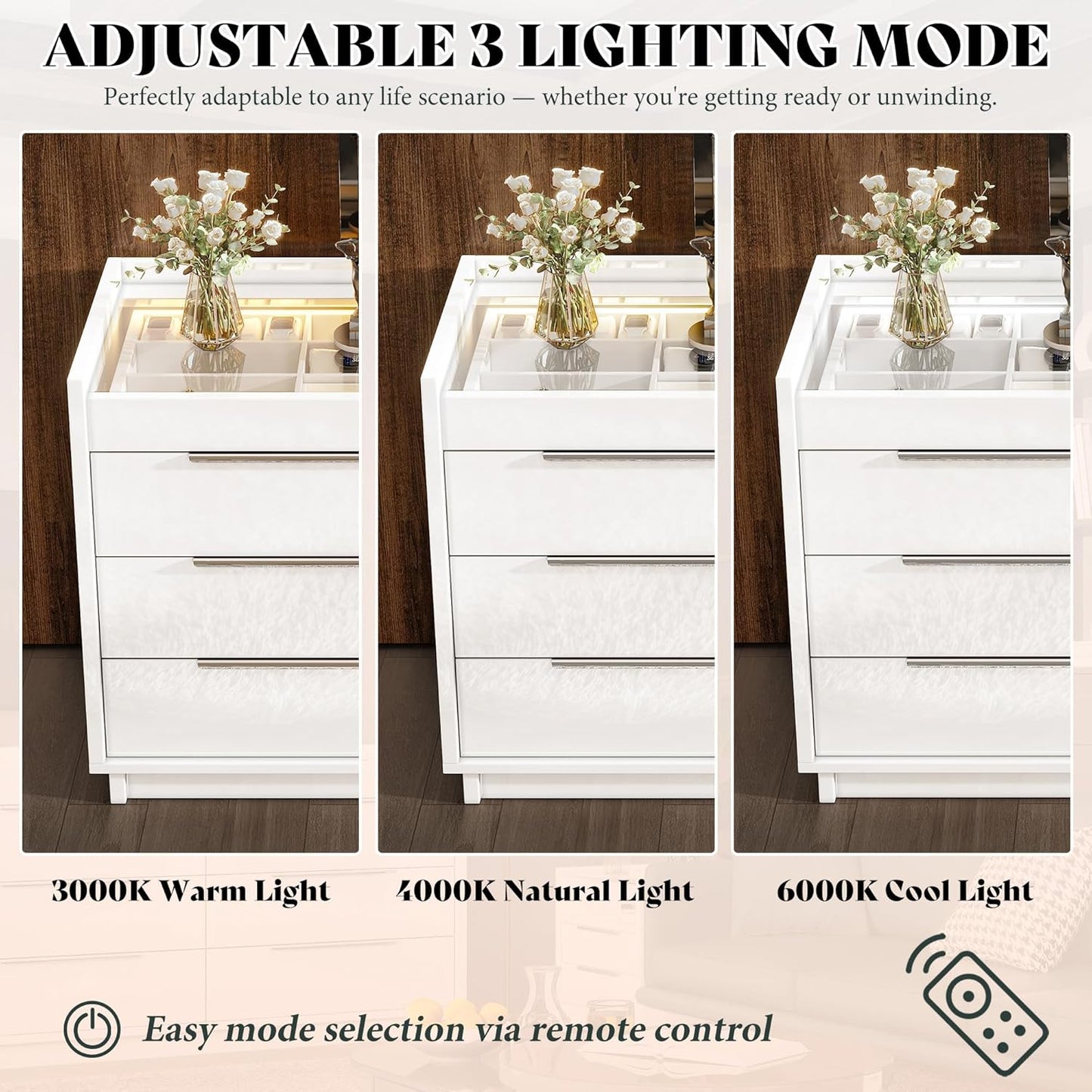 White 8-Drawer Dresser with LED Light & Glass Top | Modern High Gloss Bedroom Storage Chest