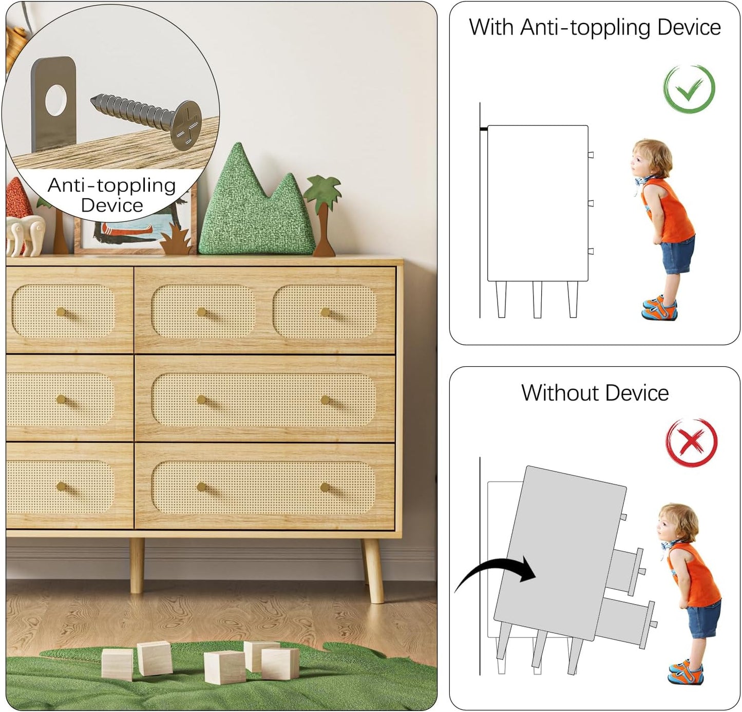 Boho Rattan 6-Drawer Dresser | Natural Wood Bedroom Storage Chest with Gold Pulls