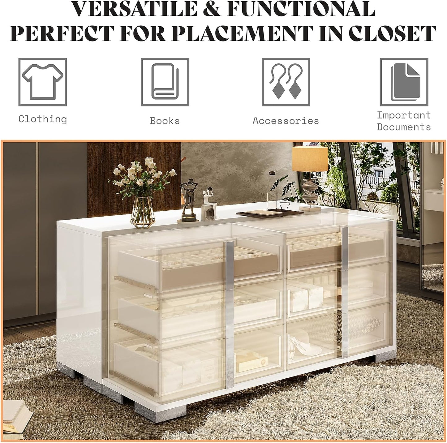 54-inch White High-Gloss Modern 6-Drawer Dresser & Storage Chest for Bedroom