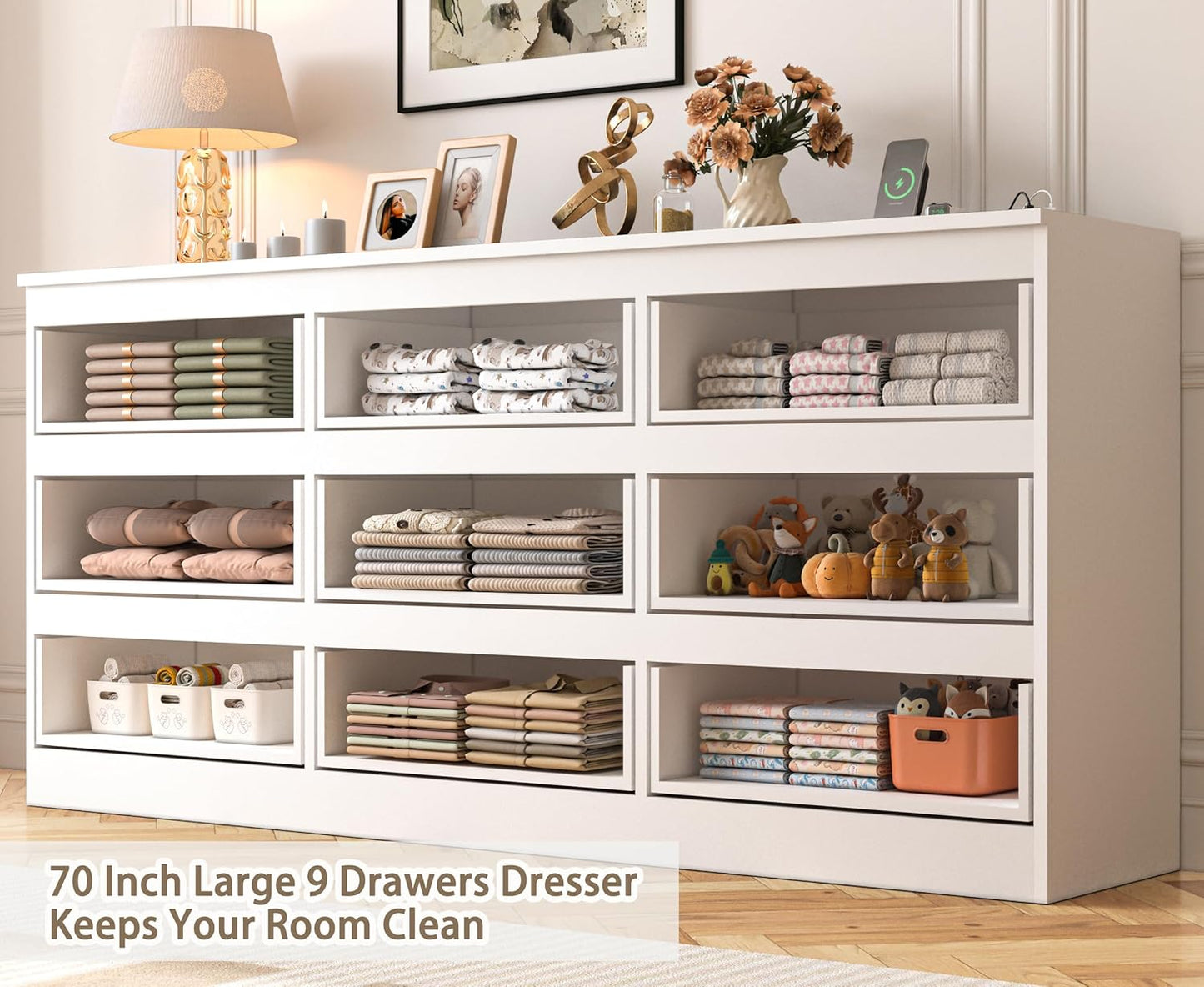 White 70-Inch Wide High Gloss 9-Drawer Dresser with Integrated Power Hub
