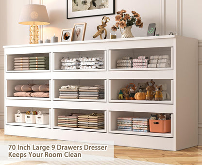 White 70-Inch Wide High Gloss 9-Drawer Dresser with Integrated Power Hub