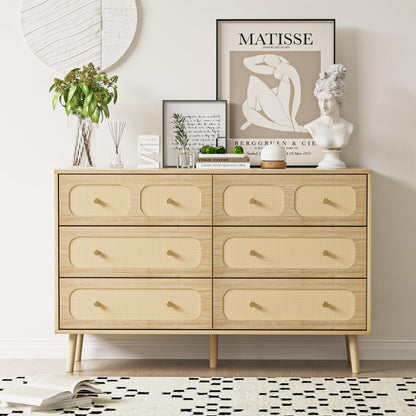 Boho Rattan 6-Drawer Dresser | Natural Wood Bedroom Storage Chest with Gold Pulls