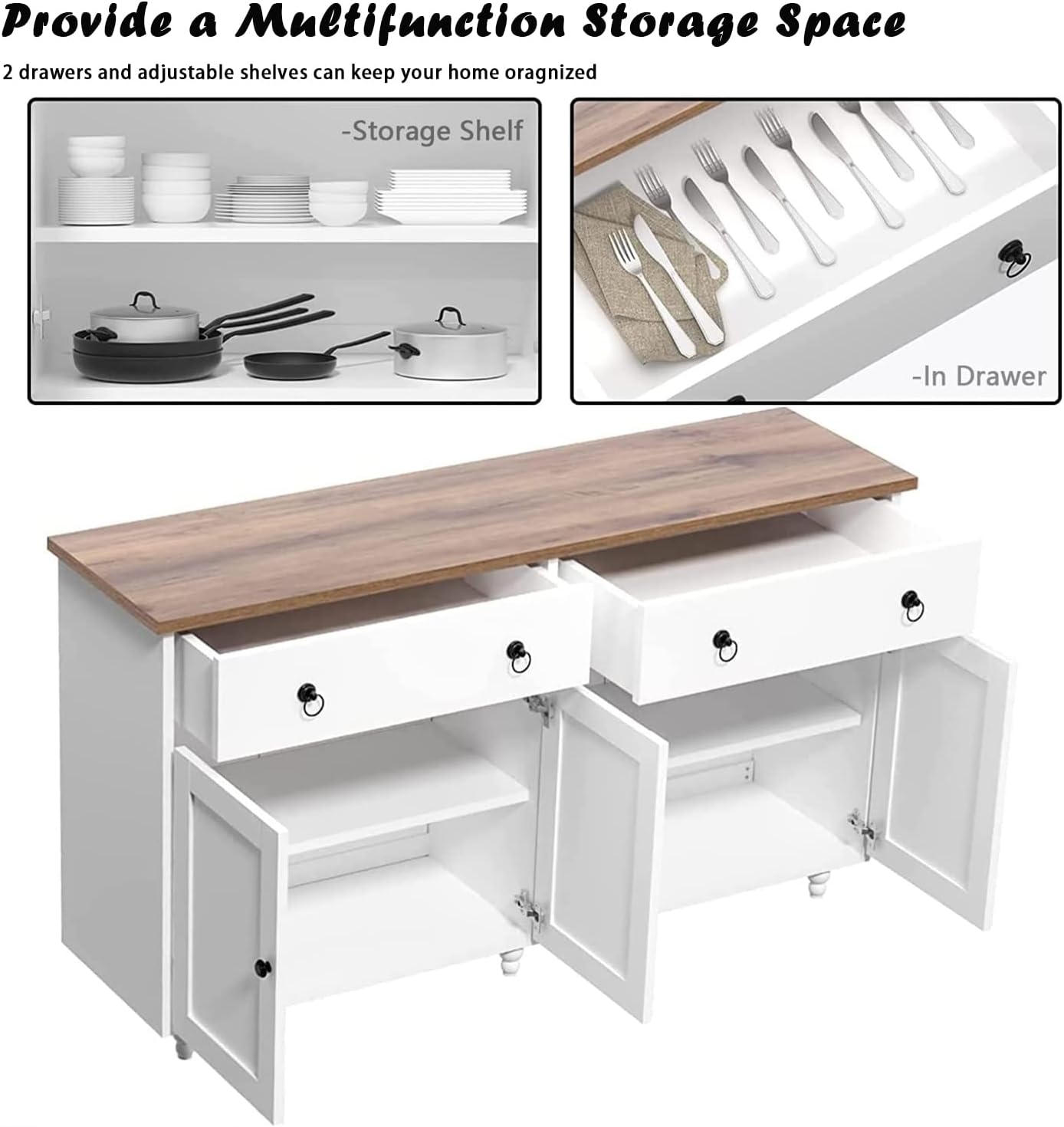55" White Modern Buffet Sideboard Cabinet with Storage, Drawers & Adjustable Shelves