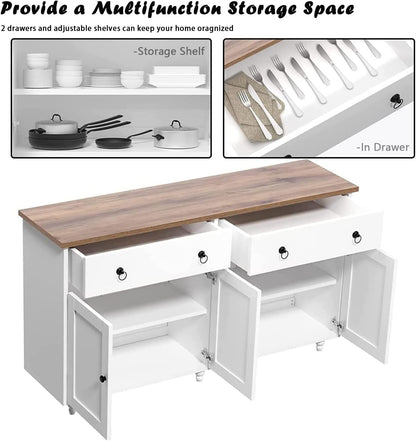 55" White Modern Buffet Sideboard Cabinet with Storage, Drawers & Adjustable Shelves