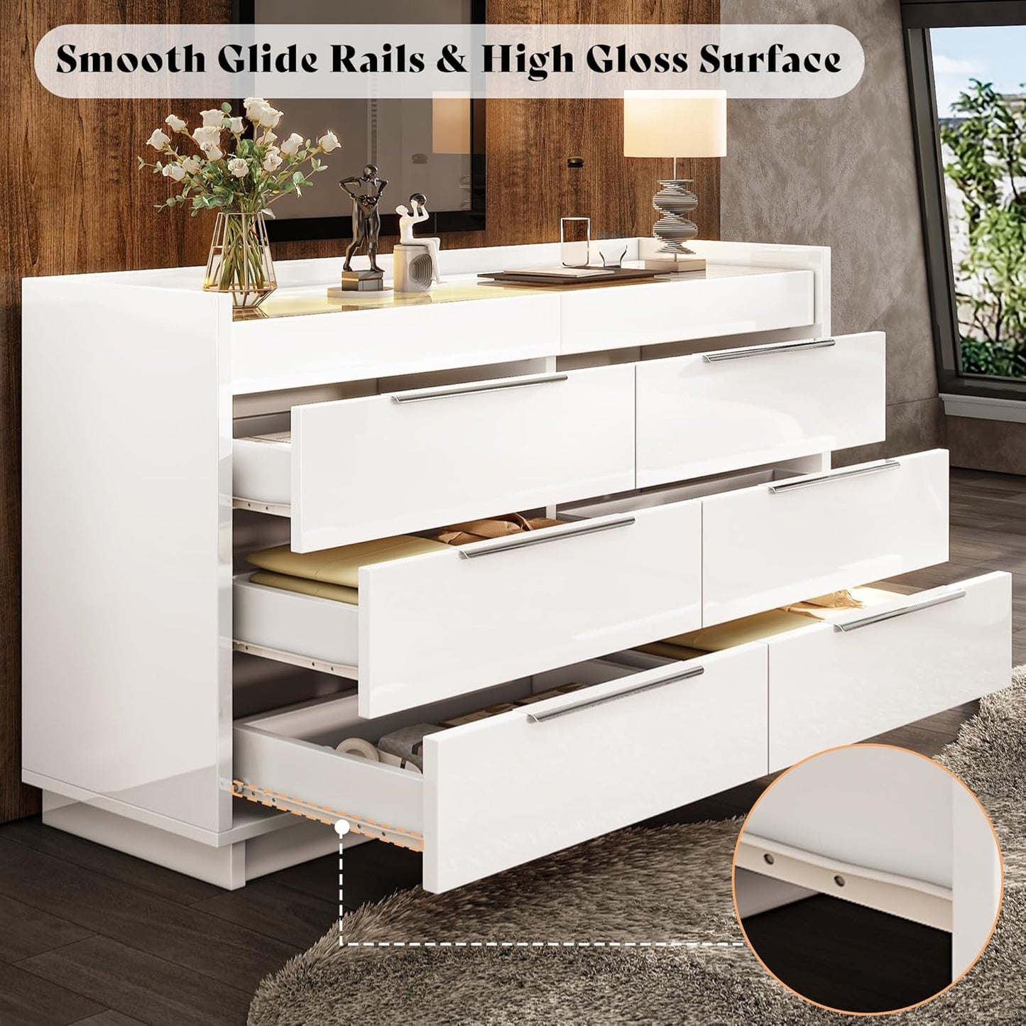 White 8-Drawer Dresser with LED Light & Glass Top | Modern High Gloss Bedroom Storage Chest