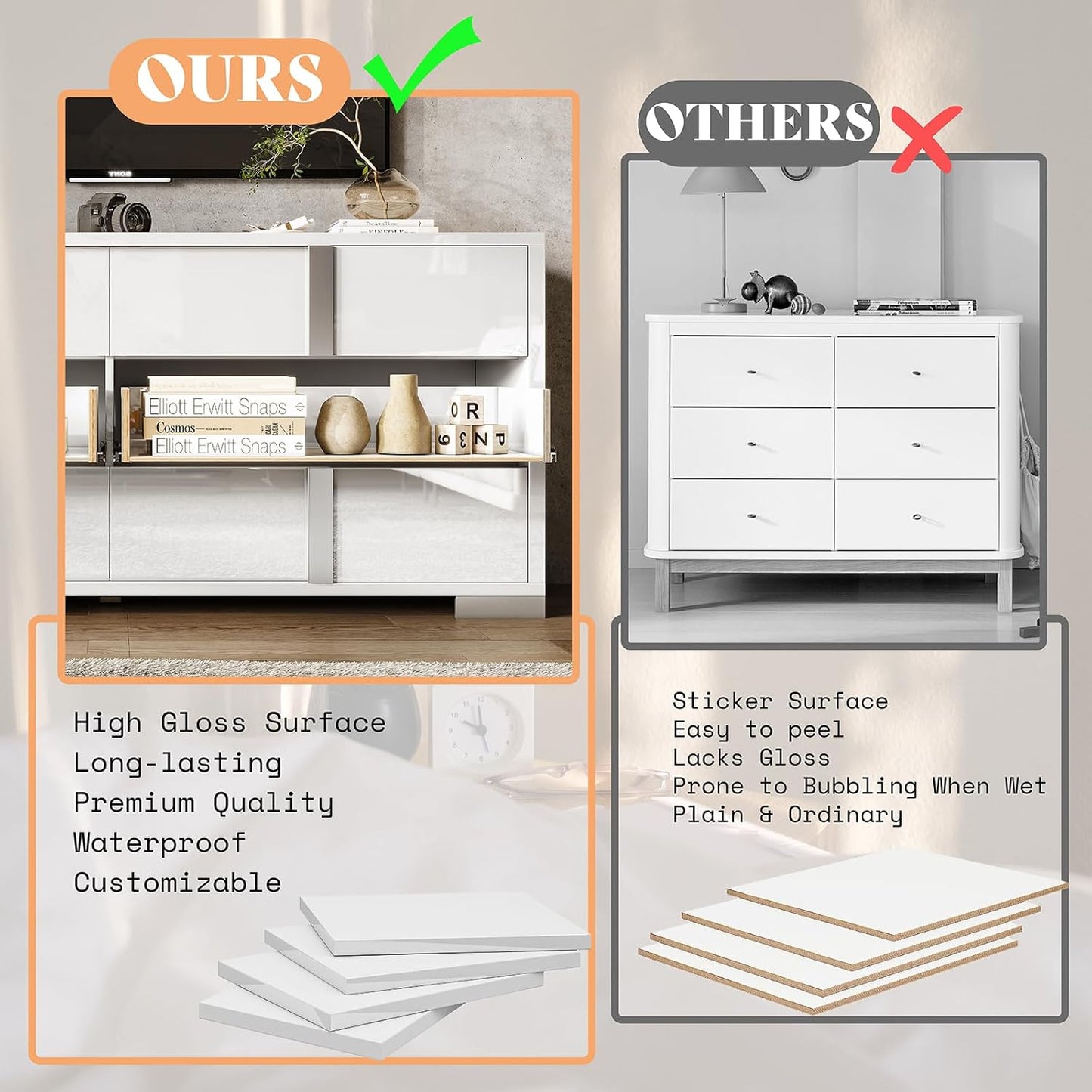 54-inch White High-Gloss Modern 6-Drawer Dresser & Storage Chest for Bedroom