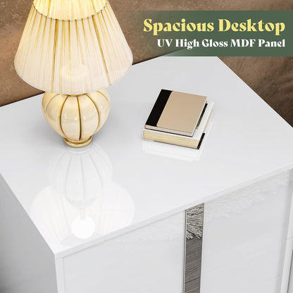 Modern High Gloss White Nightstand Set of 2 with 2 Drawers - Contemporary Bedside Tables